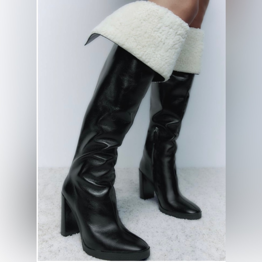 NWT Zara Over the Knee Leather Boots with Shearling Lining (Orig $239)